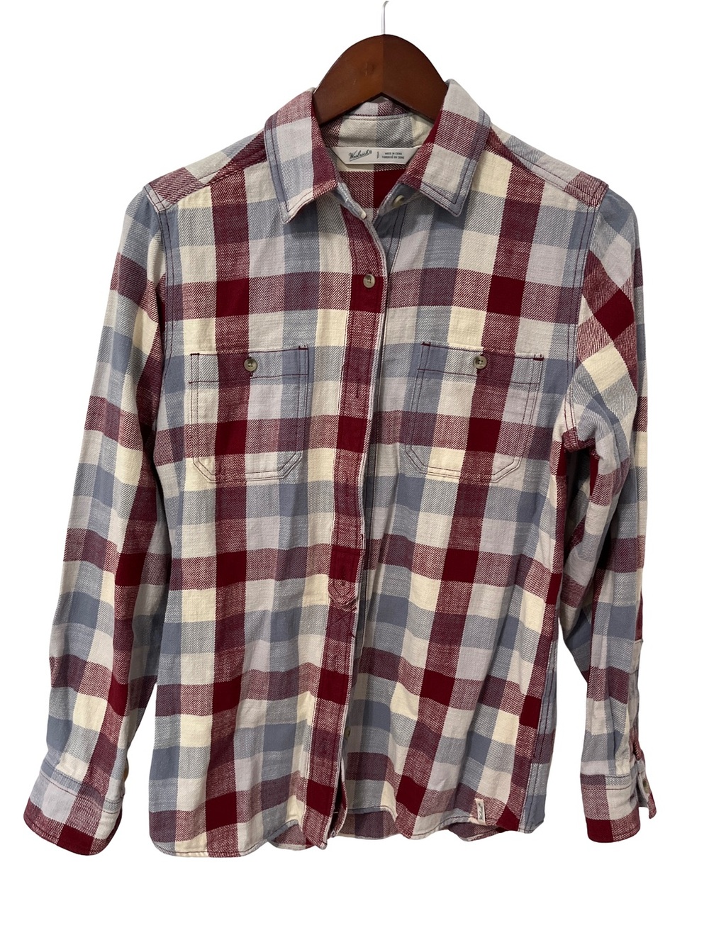 Woolrich Women's Small Red Blue Plaid Cotton Button Up Long Sleeve Shirt